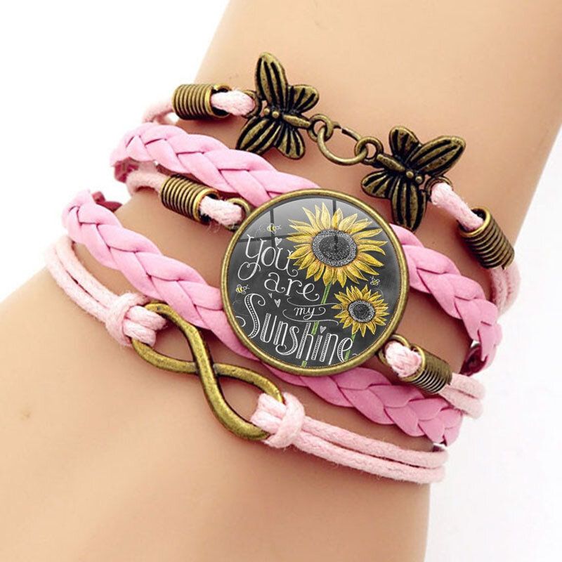 Retro-schmetterlings-unendlichkeits-kombinations-geflochtenes Armband Gedruckte Sonnenblumen-zeit-edelstein-dekoration Handgemachtes Mehrschichtiges Armband