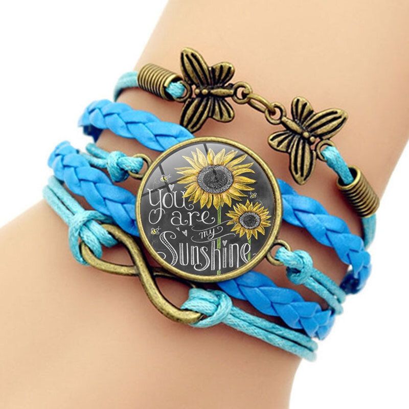 Retro-schmetterlings-unendlichkeits-kombinations-geflochtenes Armband Gedruckte Sonnenblumen-zeit-edelstein-dekoration Handgemachtes Mehrschichtiges Armband