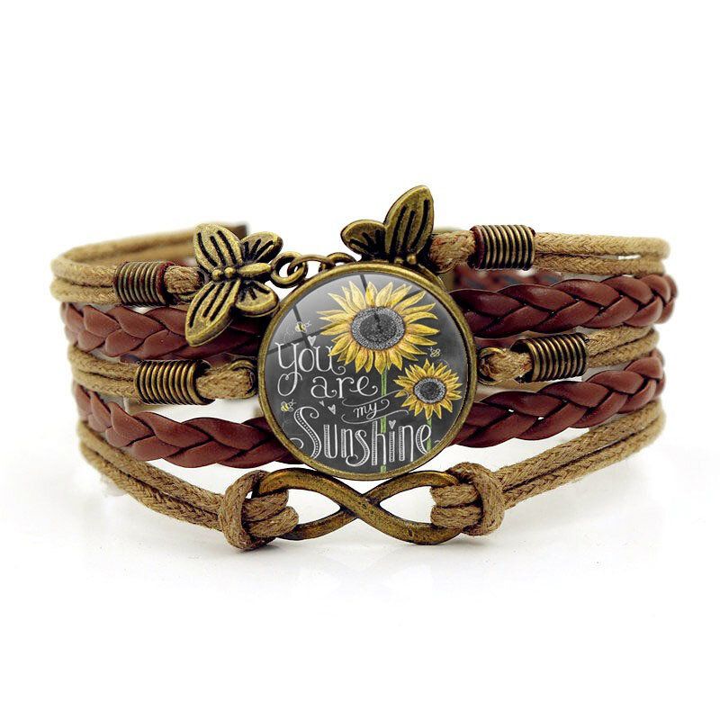 Retro-schmetterlings-unendlichkeits-kombinations-geflochtenes Armband Gedruckte Sonnenblumen-zeit-edelstein-dekoration Handgemachtes Mehrschichtiges Armband