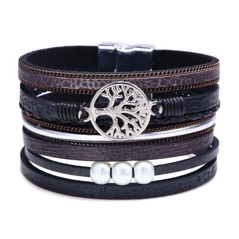 Vintage Life Tree Mehrschichtiges Lederarmband Legierung Gewebtes Damenarmband