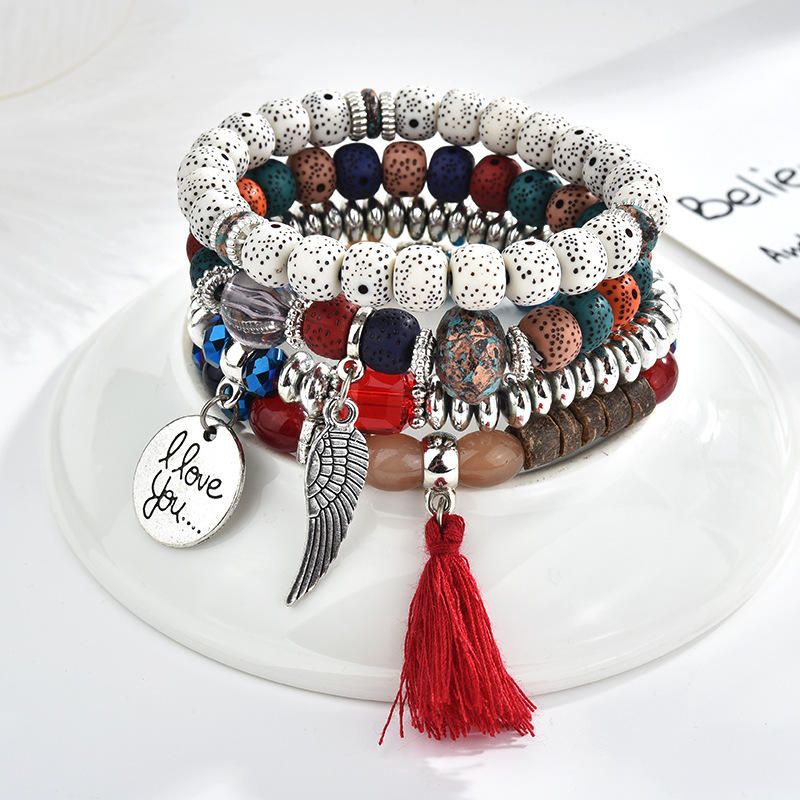 Weinlese-wulstige Armband-satz-quasten-charme-mehrschichtiges Armband-ethnischer Schmuck Für Frauen