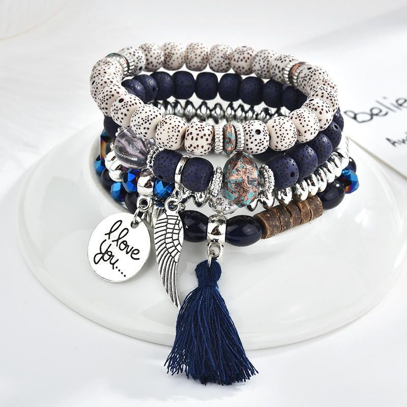 Weinlese-wulstige Armband-satz-quasten-charme-mehrschichtiges Armband-ethnischer Schmuck Für Frauen