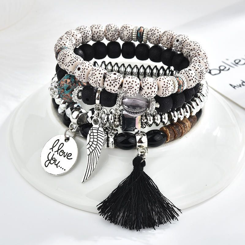 Weinlese-wulstige Armband-satz-quasten-charme-mehrschichtiges Armband-ethnischer Schmuck Für Frauen