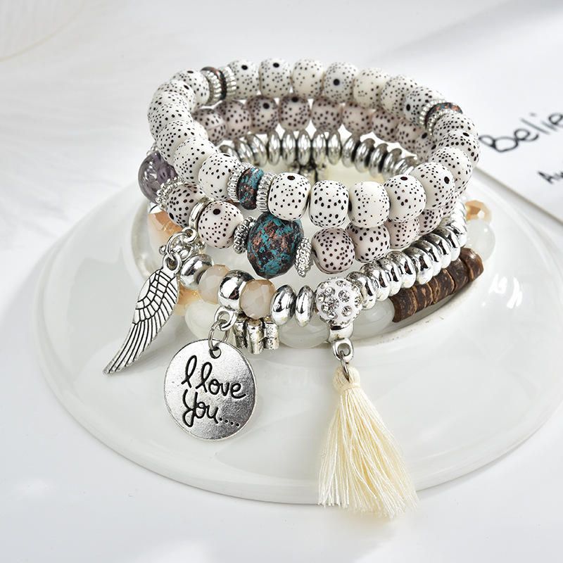 Weinlese-wulstige Armband-satz-quasten-charme-mehrschichtiges Armband-ethnischer Schmuck Für Frauen