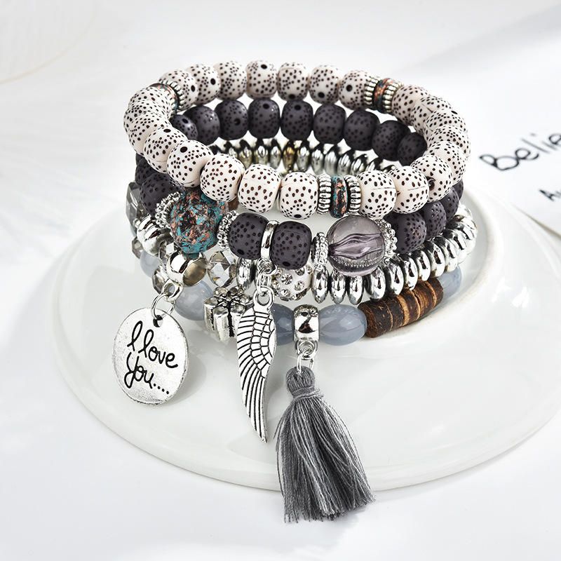 Weinlese-wulstige Armband-satz-quasten-charme-mehrschichtiges Armband-ethnischer Schmuck Für Frauen