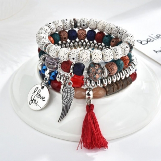 Weinlese-wulstige Armband-satz-quasten-charme-mehrschichtiges Armband-ethnischer Schmuck Für Frauen