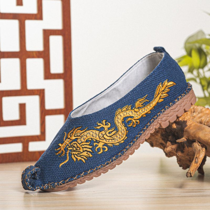 Atmungsaktive Rutschfeste Alte Peking-drachen-stickerei Für Herren Bequeme Lässige Leinenschuhe