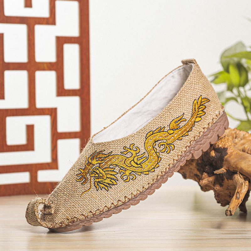 Atmungsaktive Rutschfeste Alte Peking-drachen-stickerei Für Herren Bequeme Lässige Leinenschuhe