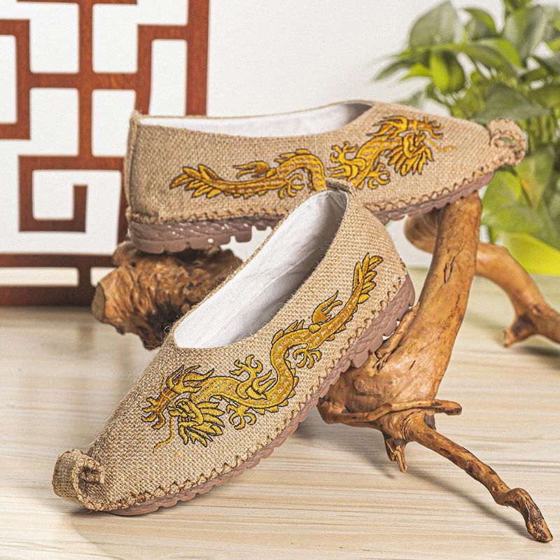 Atmungsaktive Rutschfeste Alte Peking-drachen-stickerei Für Herren Bequeme Lässige Leinenschuhe