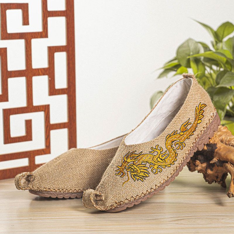 Atmungsaktive Rutschfeste Alte Peking-drachen-stickerei Für Herren Bequeme Lässige Leinenschuhe