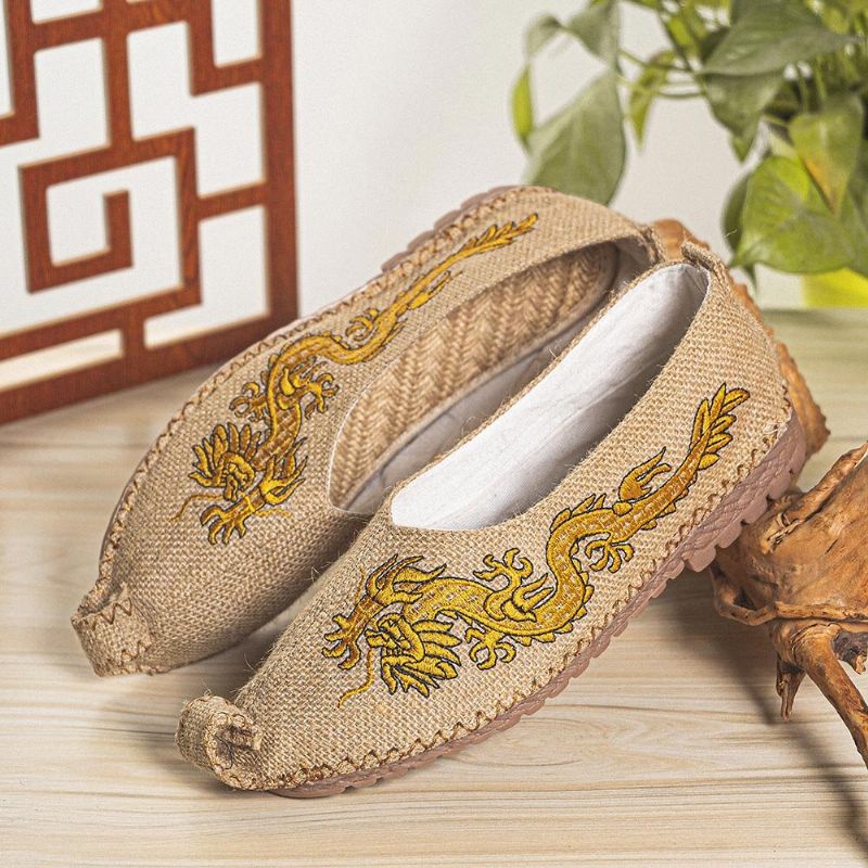 Atmungsaktive Rutschfeste Alte Peking-drachen-stickerei Für Herren Bequeme Lässige Leinenschuhe