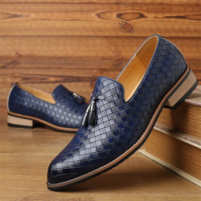 Männer Leder Atmungsaktiv Vintage Weave Quaste Spitzschuh Slip On Bequeme Casual Business Schuhe