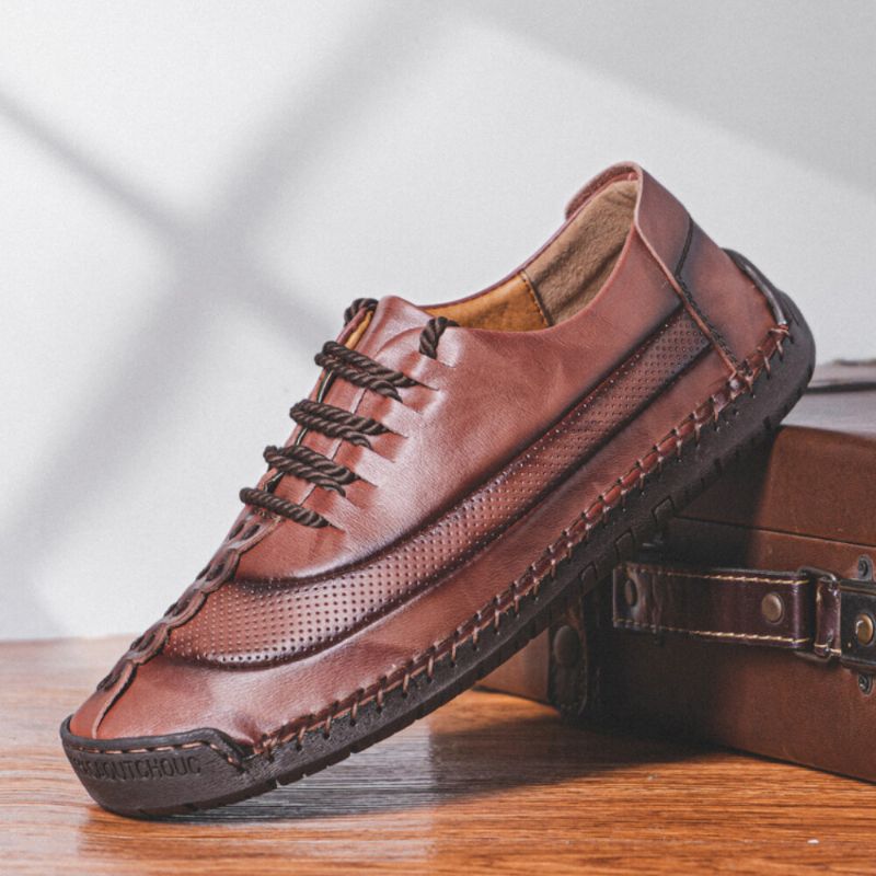 Männer Leder Handnähte Atmungsaktive Soft Bottom Lace Up Lässige Business-schuhe