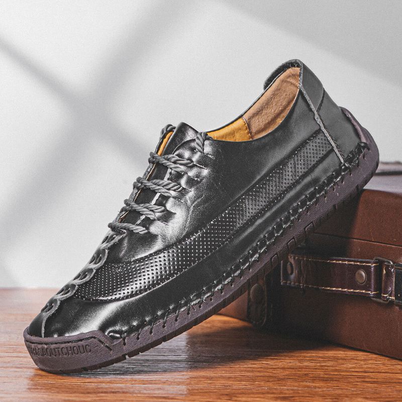 Männer Leder Handnähte Atmungsaktive Soft Bottom Lace Up Lässige Business-schuhe