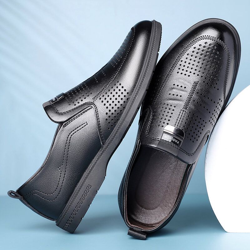 Männer Rindsleder Ausgehöhlt Atmungsaktive Bequeme Slip On Casual Business Schuhe