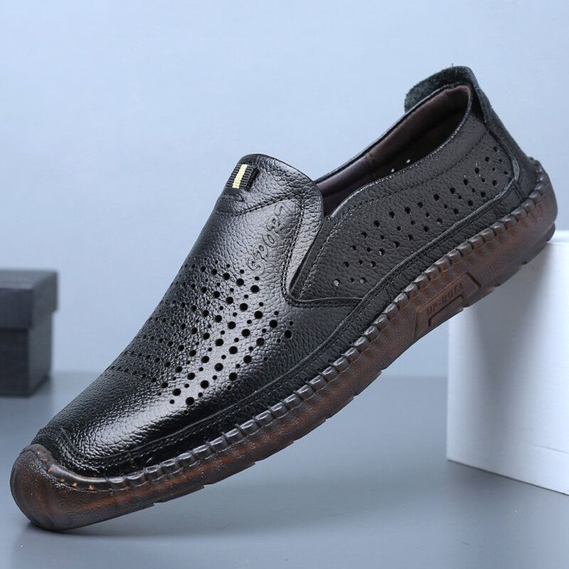 Männer Rindsleder Ausgehöhlt Atmungsaktive Handnähte Soft Bottom Slip-on Freizeitschuhe Mit Geschlossener Zehe