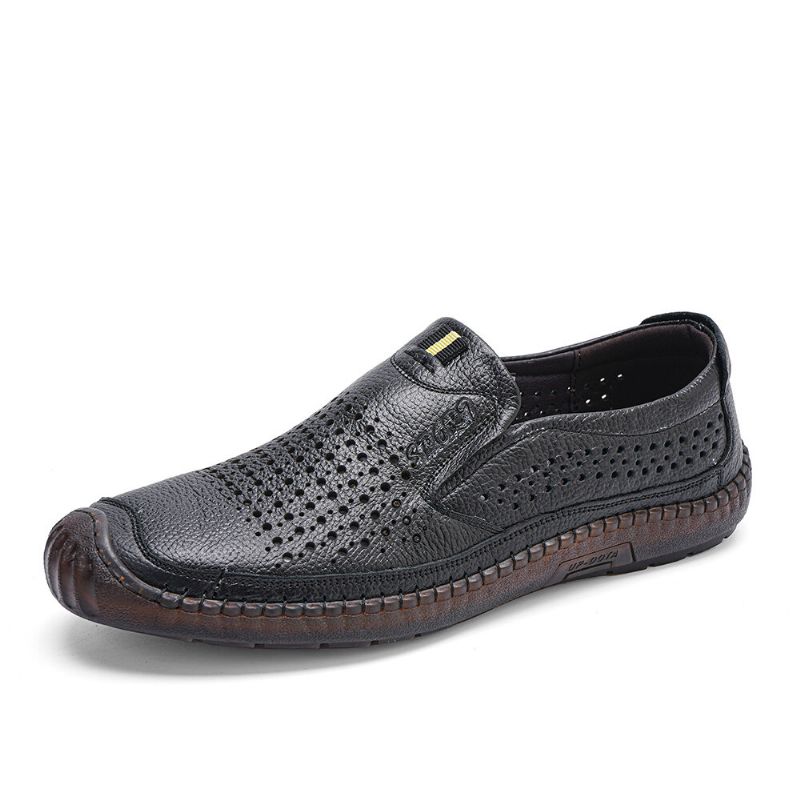 Männer Rindsleder Ausgehöhlt Atmungsaktive Handnähte Soft Bottom Slip-on Freizeitschuhe Mit Geschlossener Zehe