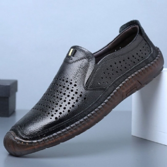 Männer Rindsleder Ausgehöhlt Atmungsaktive Handnähte Soft Bottom Slip-on Freizeitschuhe Mit Geschlossener Zehe