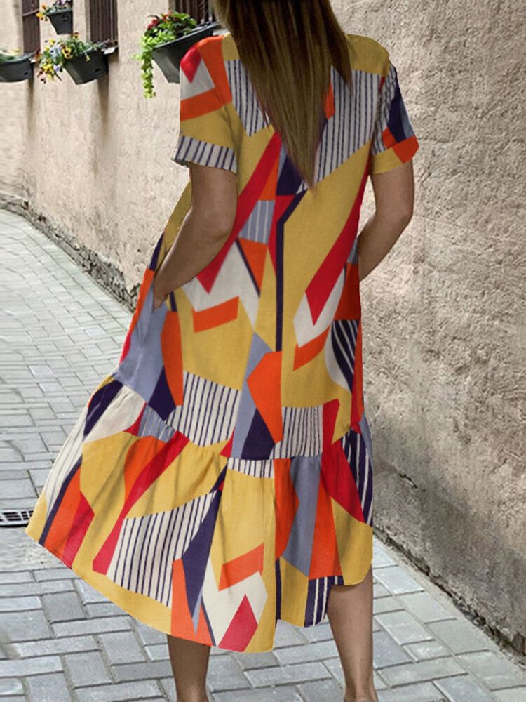 100 % Baumwolle Geometrisch Bedrucktes Lässiges Lockeres Kleid Mit Seitentaschen Für Damen