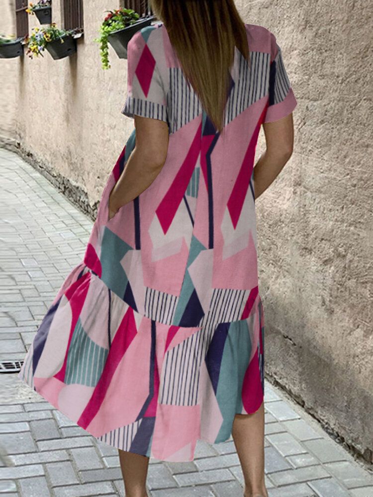 100 % Baumwolle Geometrisch Bedrucktes Lässiges Lockeres Kleid Mit Seitentaschen Für Damen