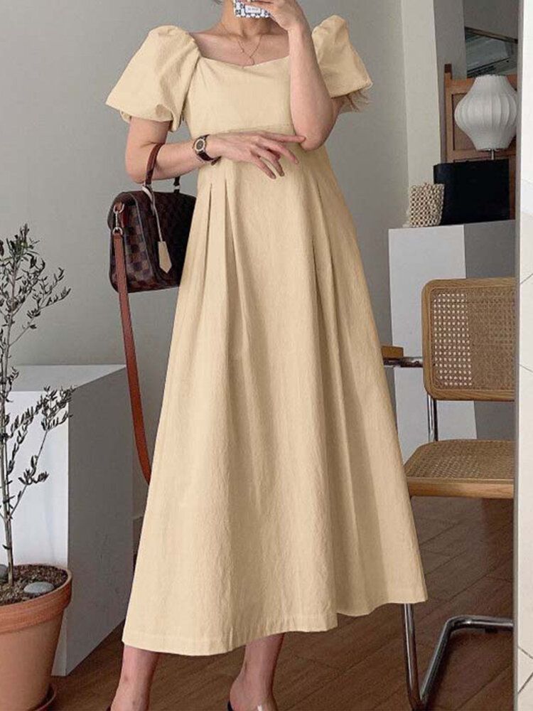 100 % Baumwolle Plissiertes Sommerferienkleid Mit Puffärmeln Für Damen