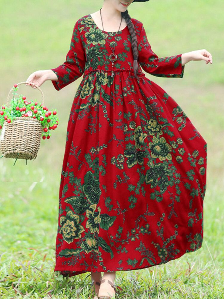 Böhmisches Blumenmuster Rüschen Mit Seitentaschen Lockeres Maxikleid