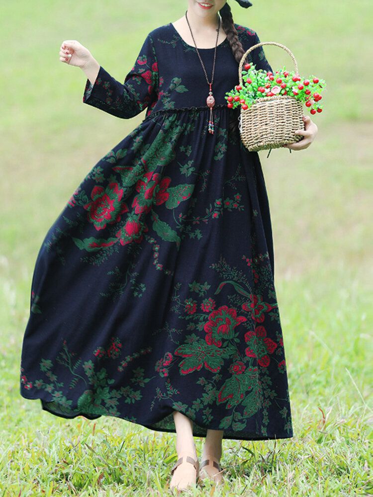 Böhmisches Blumenmuster Rüschen Mit Seitentaschen Lockeres Maxikleid