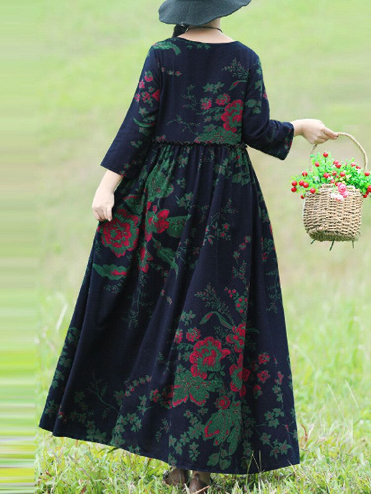 Böhmisches Blumenmuster Rüschen Mit Seitentaschen Lockeres Maxikleid