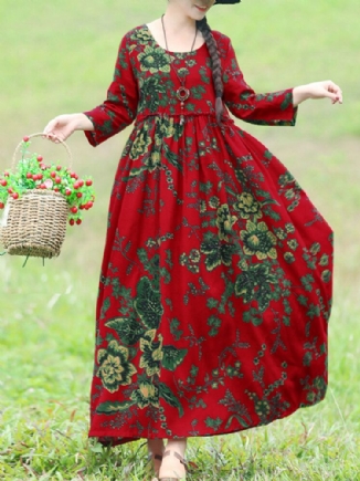 Böhmisches Blumenmuster Rüschen Mit Seitentaschen Lockeres Maxikleid