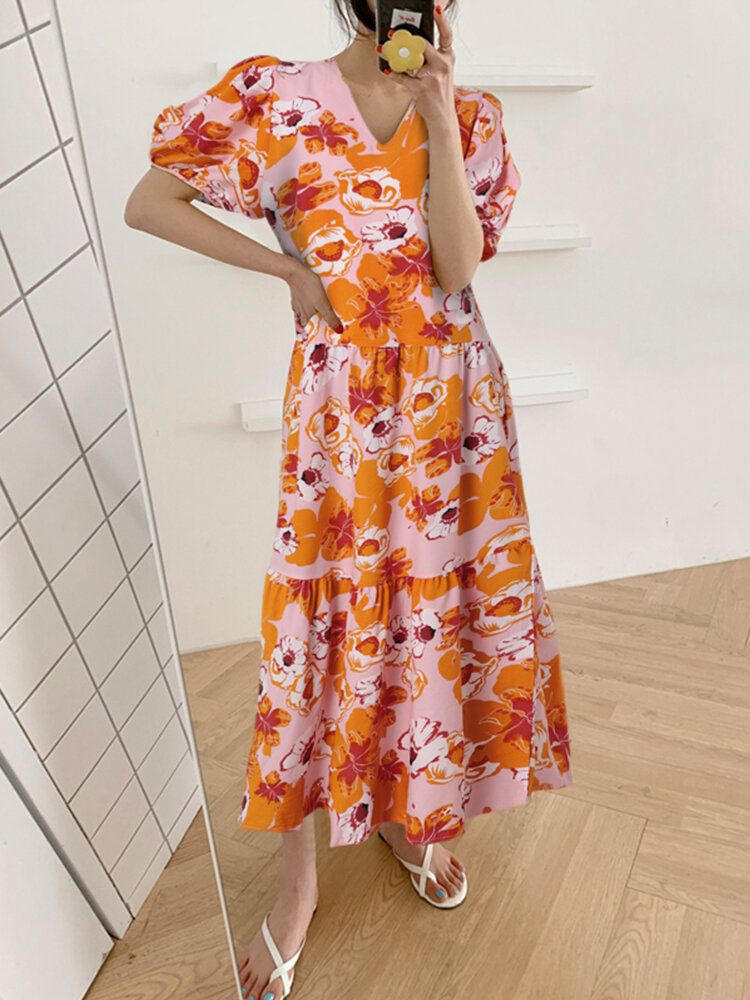 Böhmisches Puffärmel-blumenspleißen Mit V-ausschnitt Freizeit-maxi-lose-kleid Für Frauen