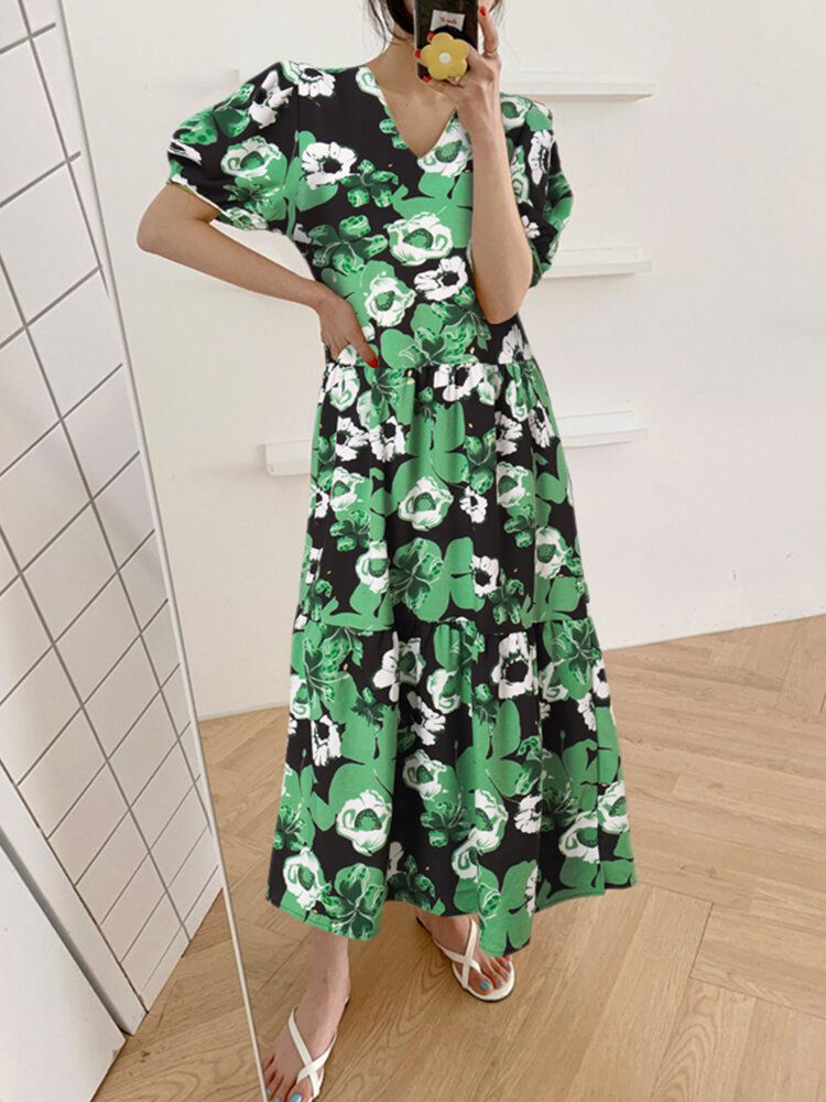 Böhmisches Puffärmel-blumenspleißen Mit V-ausschnitt Freizeit-maxi-lose-kleid Für Frauen