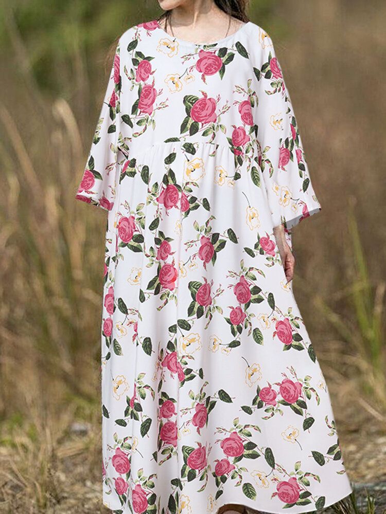 Böhmisches Raglanärmel-spliced-blumen-beiläufiges Lockeres Maxikleid Der Frauen