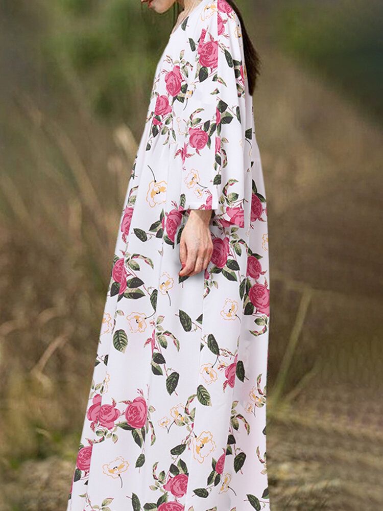 Böhmisches Raglanärmel-spliced-blumen-beiläufiges Lockeres Maxikleid Der Frauen