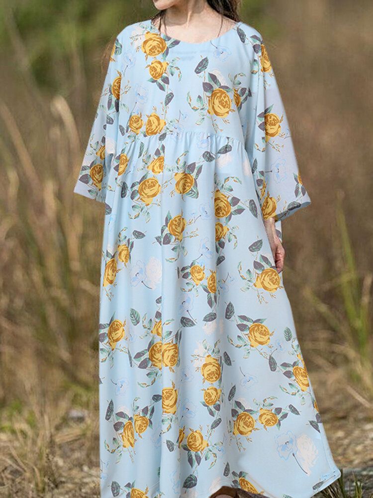 Böhmisches Raglanärmel-spliced-blumen-beiläufiges Lockeres Maxikleid Der Frauen