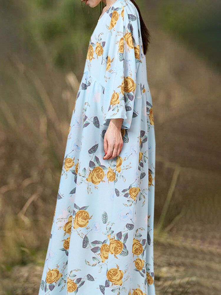 Böhmisches Raglanärmel-spliced-blumen-beiläufiges Lockeres Maxikleid Der Frauen