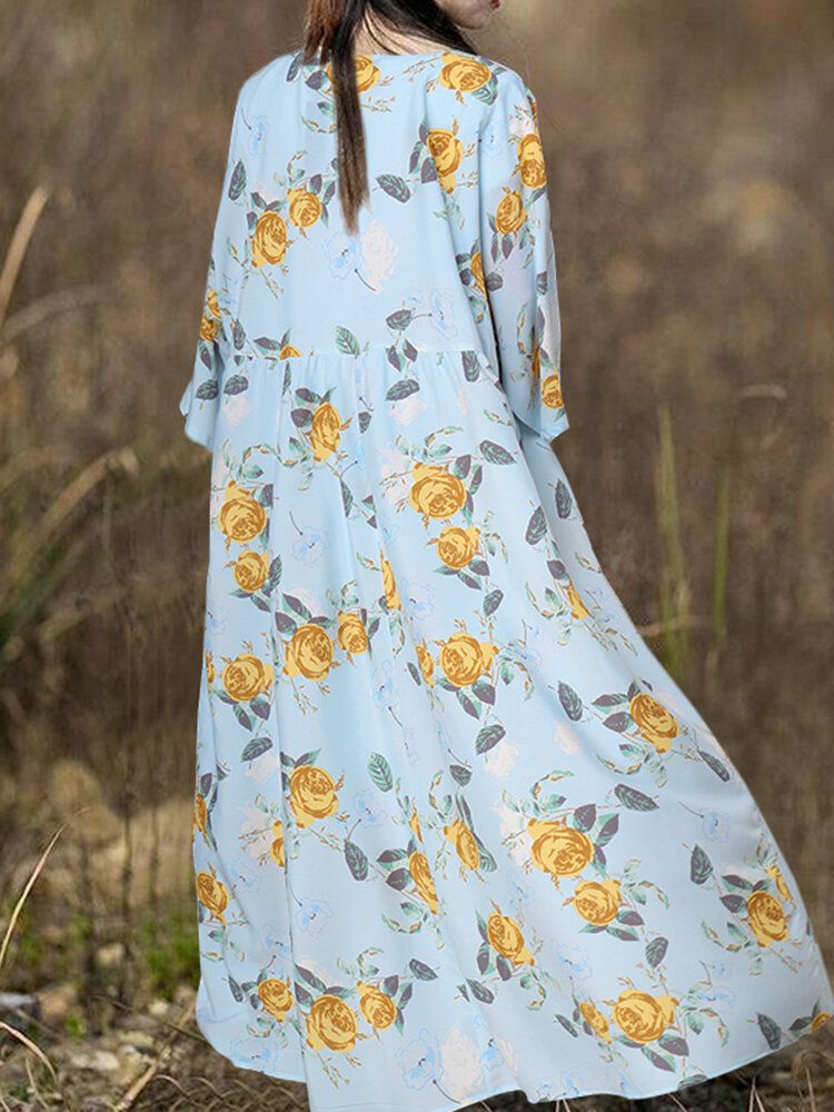 Böhmisches Raglanärmel-spliced-blumen-beiläufiges Lockeres Maxikleid Der Frauen