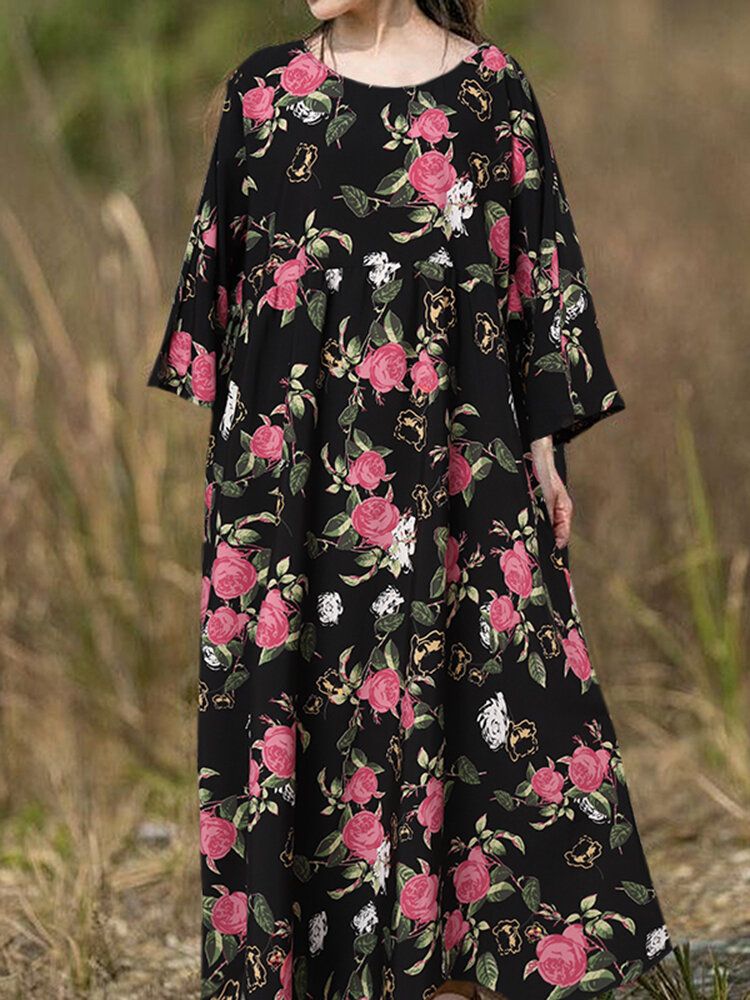 Böhmisches Raglanärmel-spliced-blumen-beiläufiges Lockeres Maxikleid Der Frauen