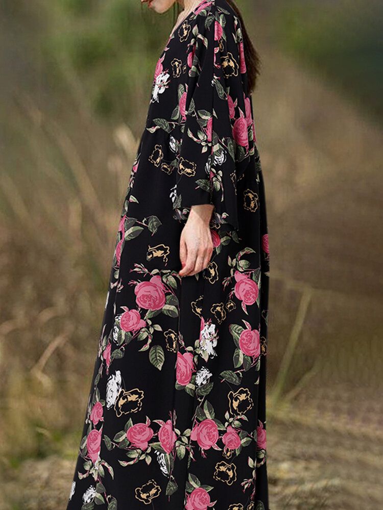 Böhmisches Raglanärmel-spliced-blumen-beiläufiges Lockeres Maxikleid Der Frauen