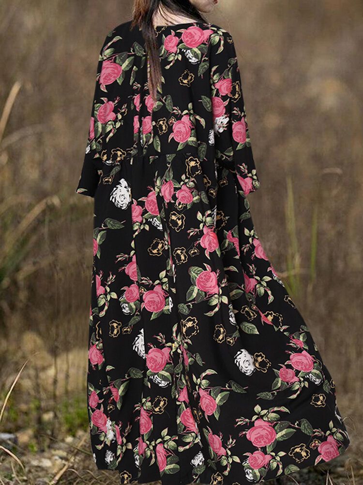 Böhmisches Raglanärmel-spliced-blumen-beiläufiges Lockeres Maxikleid Der Frauen