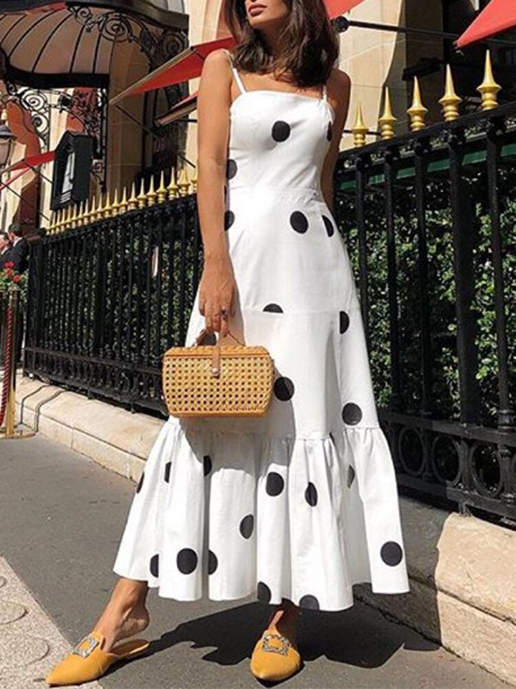 Bohemian Polka Dot Print Ärmellose Träger Plissee Holiday Casual Maxikleid