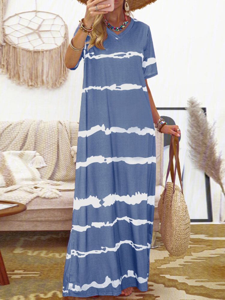 Bohemian Stripe Printed Clash Color Spleißdesign Kleid Mit V-ausschnitt