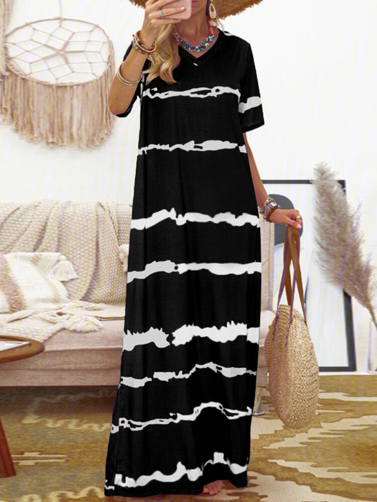 Bohemian Stripe Printed Clash Color Spleißdesign Kleid Mit V-ausschnitt