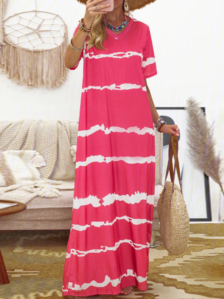 Bohemian Stripe Printed Clash Color Spleißdesign Kleid Mit V-ausschnitt