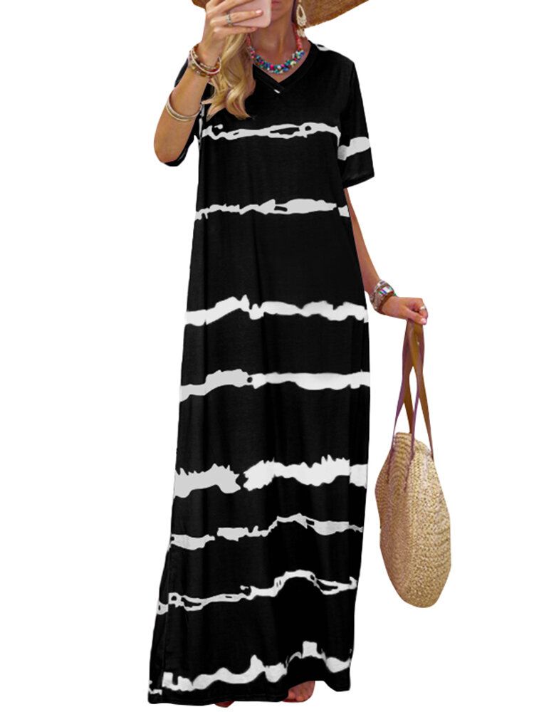 Bohemian Stripe Printed Clash Color Spleißdesign Kleid Mit V-ausschnitt