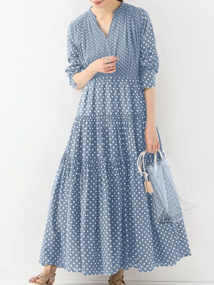 Bohemian Vintage Polka Dot Print V-ausschnitt Langarm Holiday Casual Maxikleid