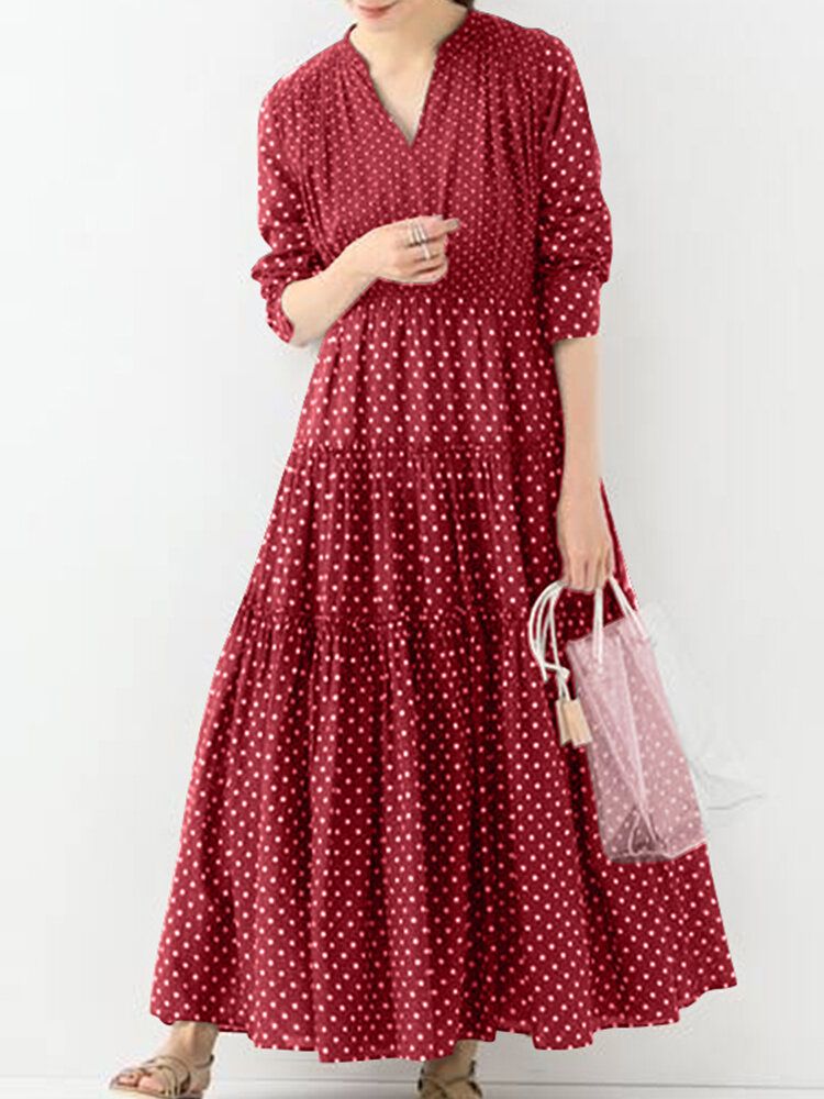 Bohemian Vintage Polka Dot Print V-ausschnitt Langarm Holiday Casual Maxikleid