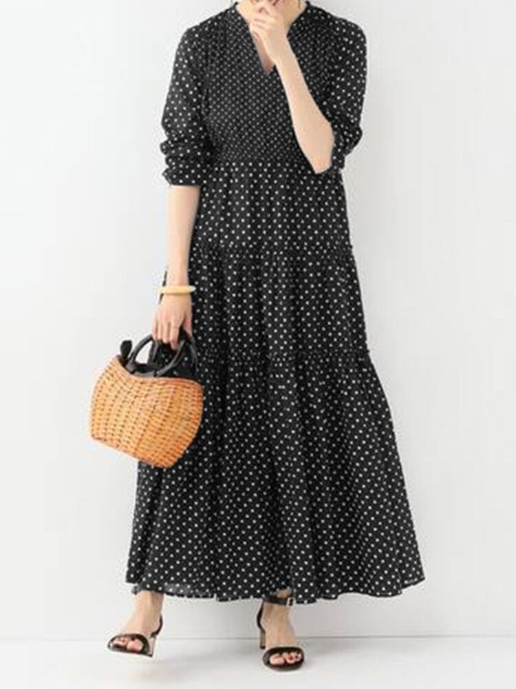 Bohemian Vintage Polka Dot Print V-ausschnitt Langarm Holiday Casual Maxikleid