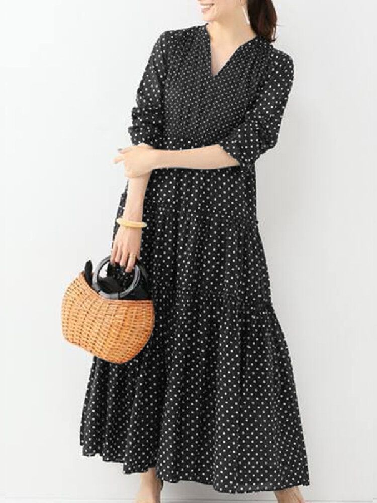 Bohemian Vintage Polka Dot Print V-ausschnitt Langarm Holiday Casual Maxikleid