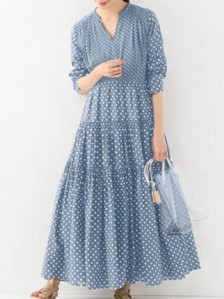 Bohemian Vintage Polka Dot Print V-ausschnitt Langarm Holiday Casual Maxikleid