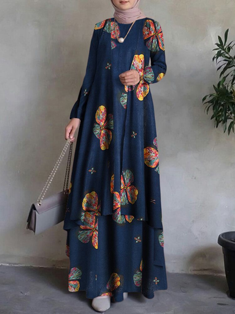 Damen Kaftan Tunika 100% Baumwolle Doppellagiges Design Freizeit Maxikleid Mit Blumenmuster